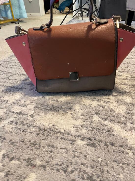 JustFab Handbags - Orange Brown Faux Leather Trapeze Satchel Bag AS IS Distressed